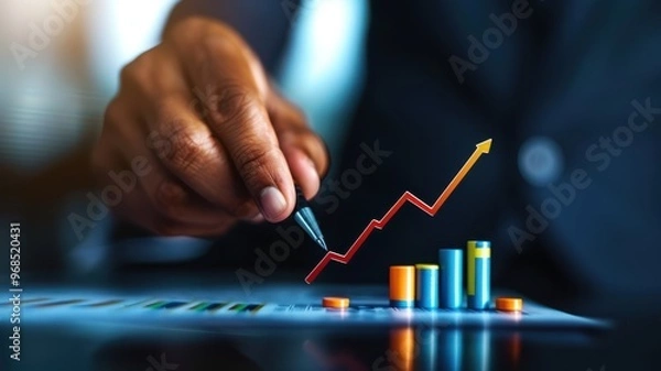 Fototapeta A professional hand analyzing a growth chart with colorful graphs and a pencil, symbolizing business progress and success.