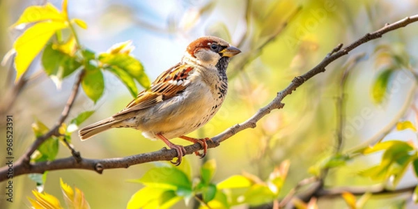 Fototapeta The image shows a bird sitting on a branch in a tree. The bird is small and brown with a red head
