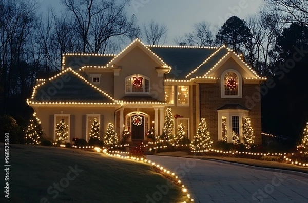 Obraz Stylish Christmas lights on the roof of your home, creating an enchanting and festive atmosphere for all to enjoy. A well-lit house with white LED Christmas light decoration