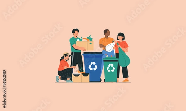 Fototapeta Group of people recycling trash into bins for environmental cleanup.