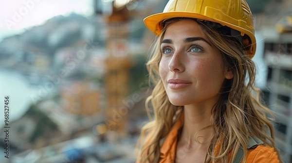 Fototapeta woman wearing a yellow hard hat and orange work attire, standing at a construction site. Her expression is confident and thoughtful, with construction cranes and buildings visible in the background.
