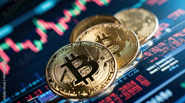 Fototapeta Three gleaming Bitcoin coins placed on a stock market screen with vibrant trading charts, symbolizing the high-stakes world of cryptocurrency trading and its role in the global financial markets.