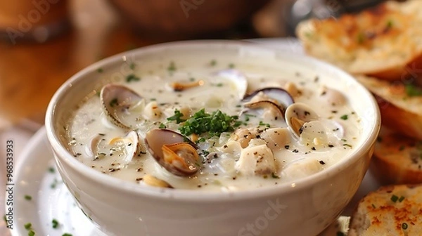 Obraz Creamy New England clam chowder, no shadows The chowder takes center stage, with no text, logo, signature, human body, people, or plants, 