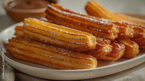 Fototapeta Crispy churros served with chocolate dipping sauce, no shadows The churros are the highlight, with no text, logo, signature, human body, people, or plants, 