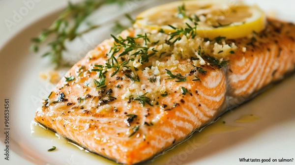 Fototapeta A juicy piece of salmon cooked with lemon, fresh herbs, and garlic. The perfect combination of ingredients enhances the fish's flavor and adds freshness