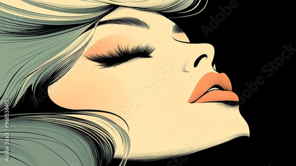 Fototapeta A woman's face is drawn in a cartoon style with a smile and a red lip. The image has a playful and whimsical mood