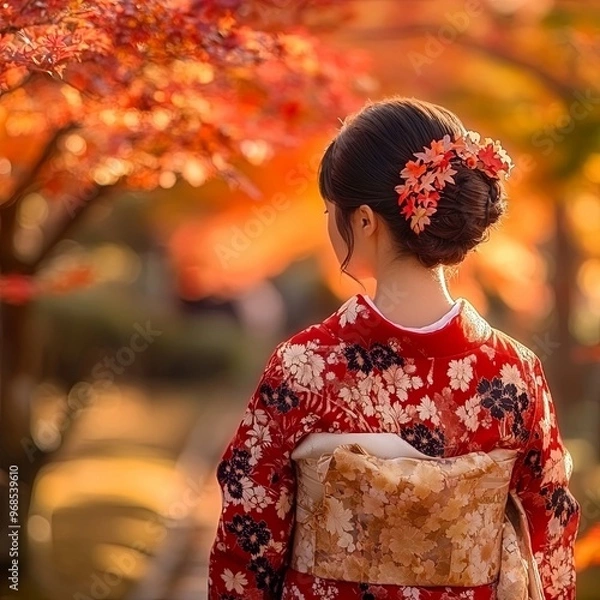Fototapeta Japanese Kimono Portrait back view photography. Kyoto, Japan. Fall foliage background. Maple leaves turning red in the autumn season.