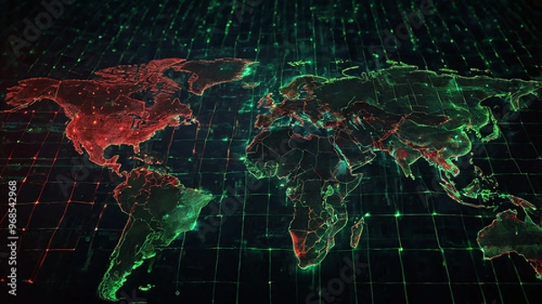 Obraz A digital world map with glowing attack lines in red and green crisscrossing from various countries, indicating hacking attempts