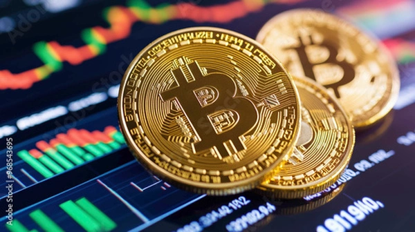 Fototapeta Three golden Bitcoin coins resting on a stock market screen displaying colorful trading charts, representing the volatility and opportunities in the cryptocurrency and financial markets.