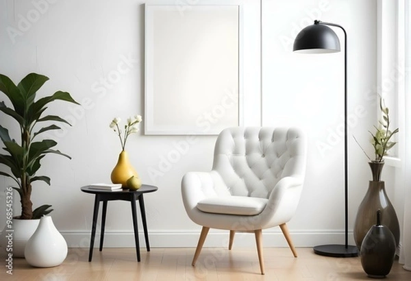 Fototapeta A modern living room with a white tufted armchair, a black side table with a pear-shaped vase, and a blank white frame on the wall.