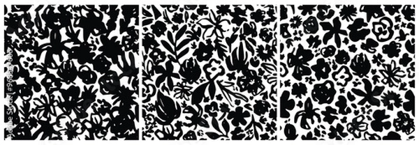 Obraz Abstract Black, White Floral Pattern with Ink Hand Drawn Flowers. Monochrome Freehand Ditsy Chamomile, Peony, Rose, Bloom Wallpaper. Pretty Brush Stroke Flower Seamless Pattern. Tropical Foliage Print