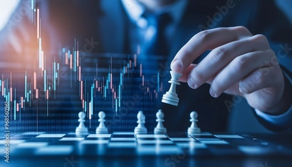 Obraz Business strategy concept with businessman playing chess on financial background, stock market graph overlay symbolizing investment, growth, and decision-making