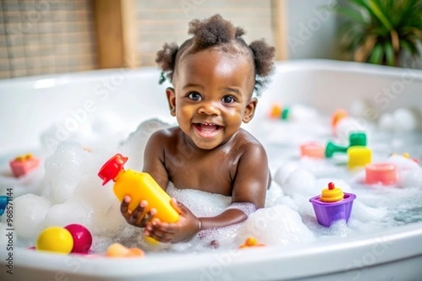 Fototapeta African descent kid enjoying bath tub. Bathing without tears. cute emotional baby is engaged in hygiene procedures, smiling. disinfection, prevention against diseases and viruses