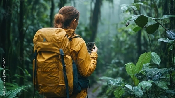 Fototapeta A Travelers document their journeys through the dense forests with telephones in hand, ready to fuel their creativity at every turn.