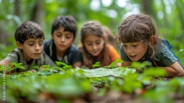 Fototapeta Kids engaged in nature learning, identifying plants and animals in the forest, expanding their knowledge of the environment