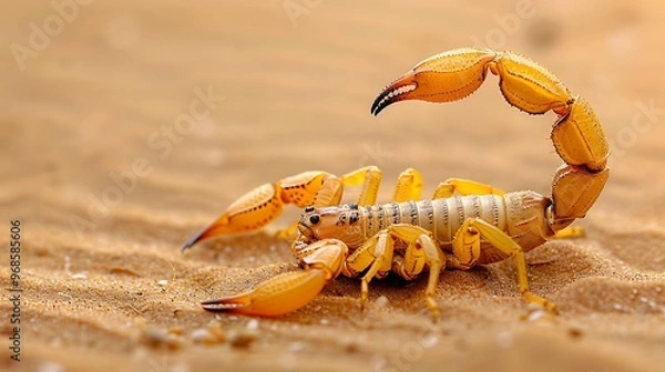 Obraz Yellow deathstalker scorpion close up scorpion with a curled tail in the sand wild arachnid in the desert dangerous poisonous animal