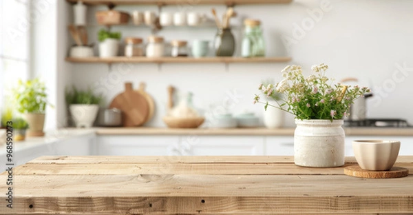 Fototapeta A kitchen with a wooden countertop and a window by AI generated image