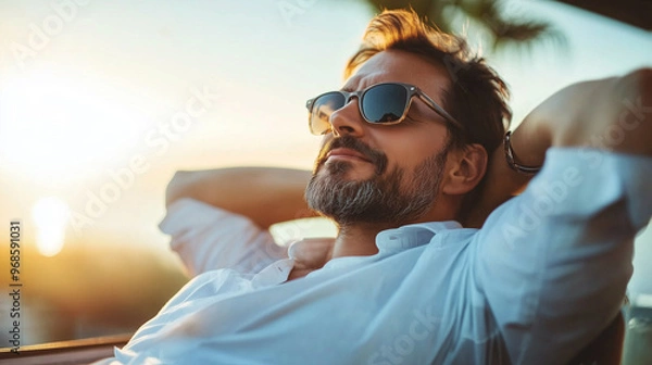 Obraz 資産家の欧米人男性が優雅に日光浴をする姿をリアルに描いたAI生成画像