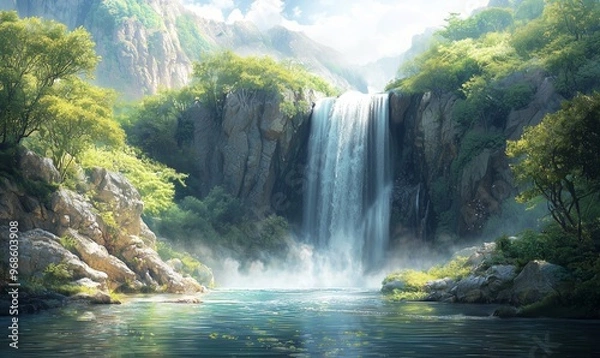 Obraz A stunning waterfall plunges into a calm pool, surrounded by verdant mountains and trees, creating a serene natural landscape.