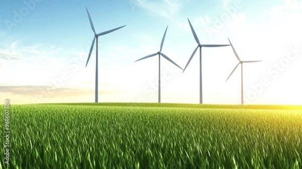 Fototapeta Wind Turbines in Green Field with Sunny Sky