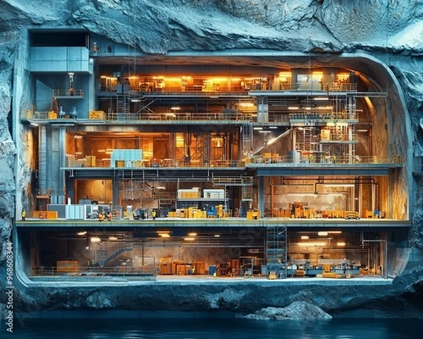 Fototapeta Cross-section view of an underground research facility being built, with multiple levels, labs, and support structures, underground facility, science infrastructure project