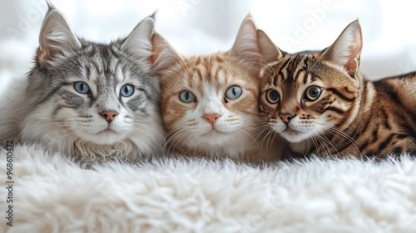 Fototapeta Detailed image of a Siberian Husky with striking blue eyes standing beside a Bengal Cat with its signature spotted coat The white background highlights their beautiful fur patterns