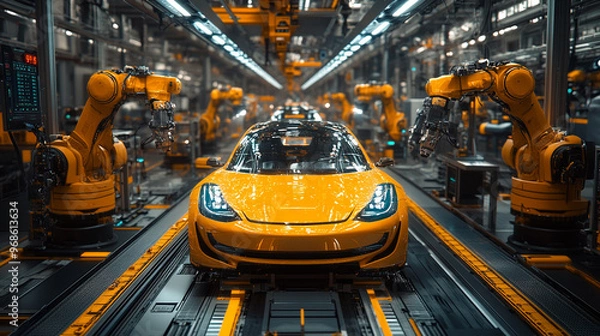 Fototapeta A modern manufacturing facility featuring a yellow car surrounded by advanced robotic machines and automated production lines.