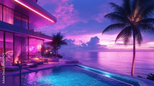 Fototapeta A house with a pool and a palm tree in the background