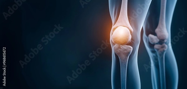 Fototapeta Close-up of the human knee joint under X-ray-like lighting, focusing on the internal bone structure, ligaments, and joint health