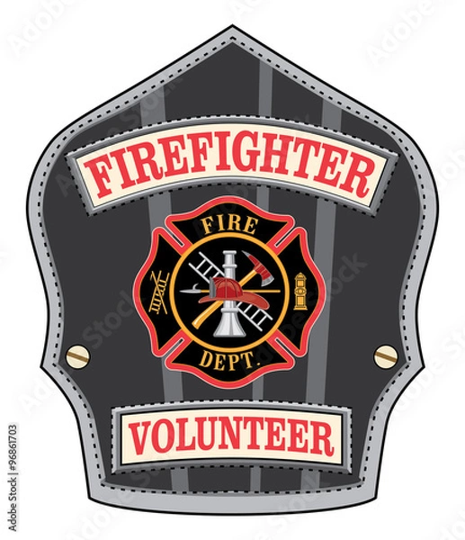 Obraz Odznaka ochotnika strażaka to ilustracja tarczy lub odznak strażaka lub strażaka z krzyżem maltańskim i logo narzędzi strażackich.