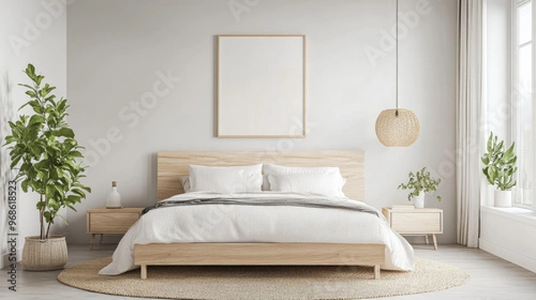 Fototapeta Modern bedroom with minimalist design, featuring natural elements and neutral colors.