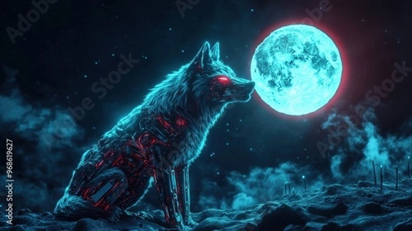 Fototapeta A wolf is sitting on the ground in front of a large blue moon