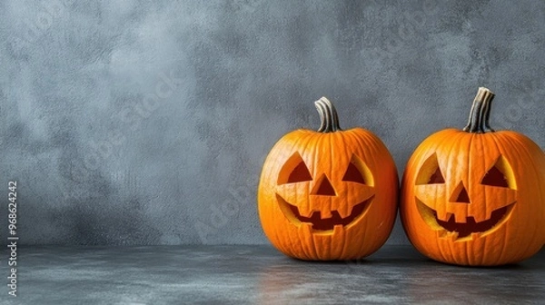 Fototapeta Two Carved Pumpkins on Grey Background with Copy Space