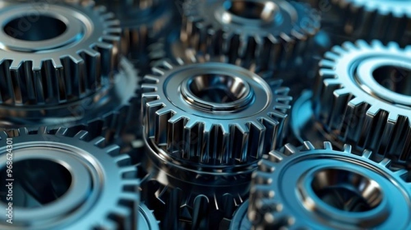 Obraz A complex arrangement of metallic gears, each tooth fitting perfectly, industrial background