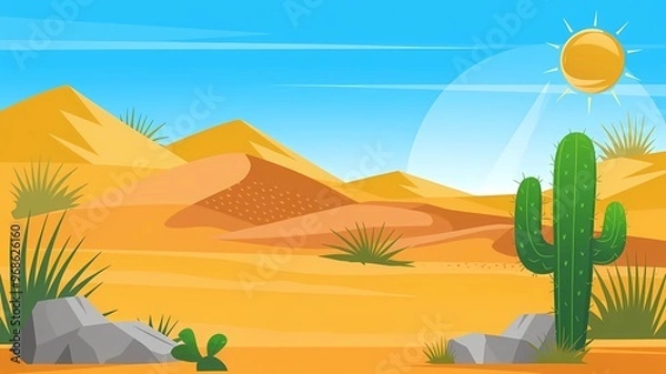 Fototapeta A cartoon vector illustration of an Arabian or Egyptian desert landscape with sand dunes, a green cactus, and grass under a blue sunny sky. The background contains yellow sandy mountains.
