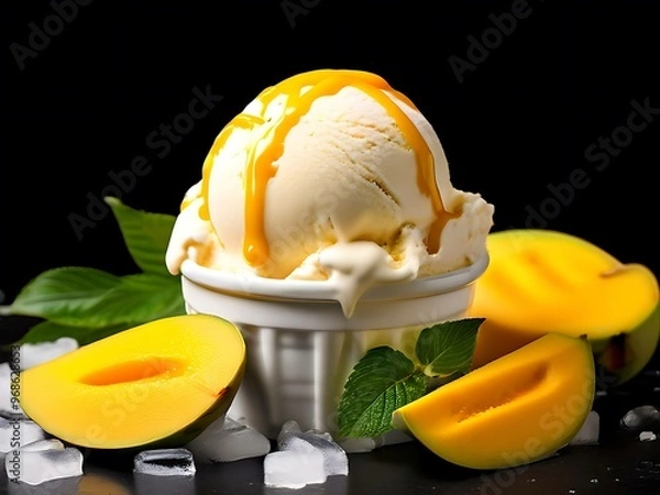 Fototapeta Vanilla Ice Cream with Mango and Mango Sauce