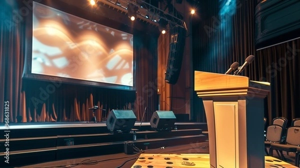 Obraz A podium with a blank screen, on a stage with professional lighting and sound equipment set up
