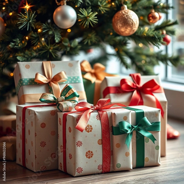 Fototapeta Festively wrapped gifts with ribbons and bows, ready for the holidays.