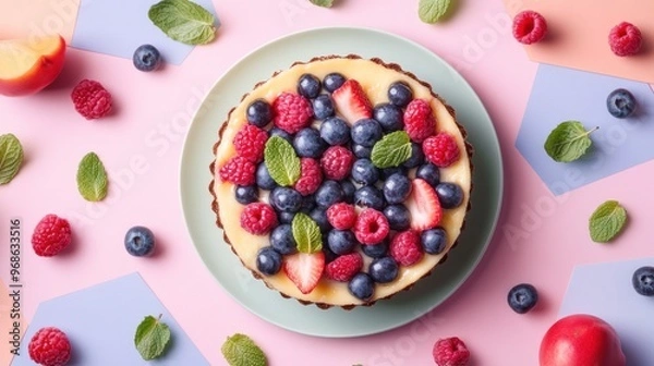 Fototapeta A blueberry and raspberry tart with fresh mint leaves on a colorful background.