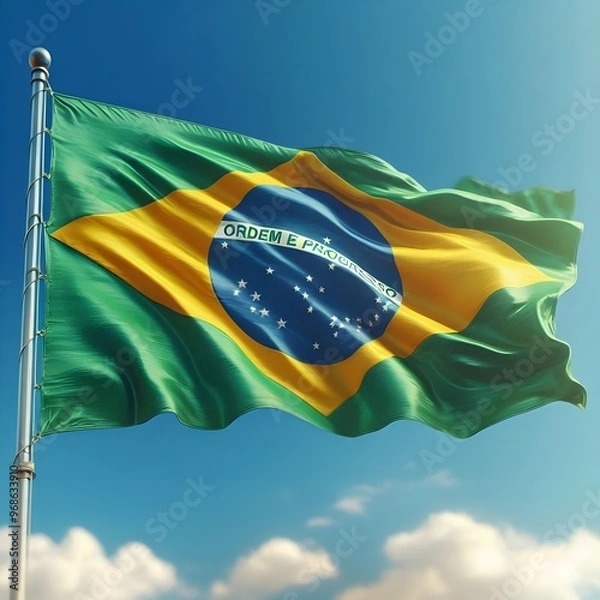 Obraz brazilian flag waving in the wind against blue sky