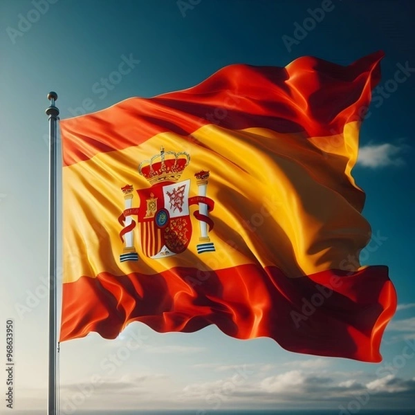 Obraz Spanish flag waving in the sky between clouds 