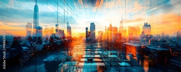 Fototapeta Cityscape Reflection in Glass Building at Sunset