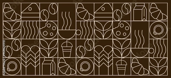 Fototapeta Coffee modern geometric pattern in mosaic line tiles, vector background. Coffee cup and moka pot with cappuccino and espresso, coffee beans and hot chocolate in geometric pattern 