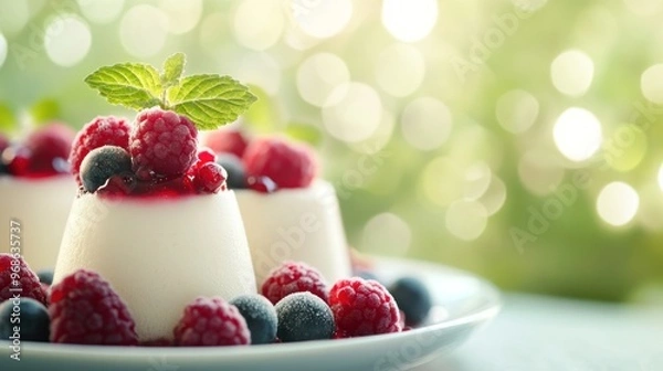 Fototapeta Three creamy white panna cotta desserts topped with fresh raspberries, blueberries, and a sprig of mint, garnished with a berry sauce.