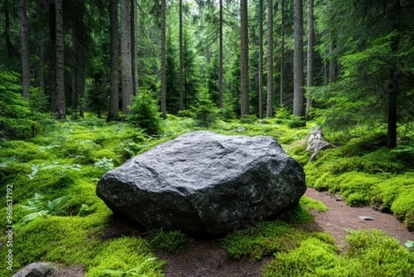 Fototapeta Massive granite boulders nestled in a serene forest clearing, surrounded by lush moss and tall trees.