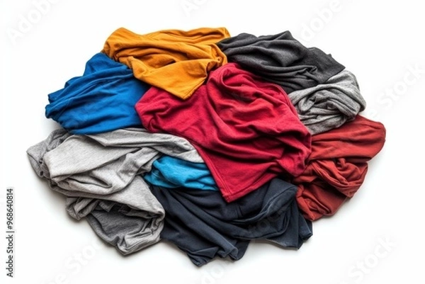 Fototapeta A Photo pile of t-shirts with isolated white background