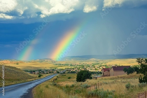 Obraz Rainbow Over Rolling Hills: A beautiful post-rain scene with a clear
