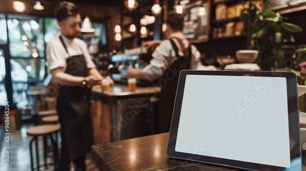 Fototapeta A blank screen mockup on a tablet in a trendy caf?(C), with a barista in the background preparing drinks