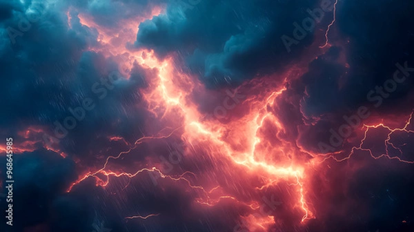 Fototapeta Lightning bolts illuminating a dark sky during a heavy storm, extreme weather, intense energy