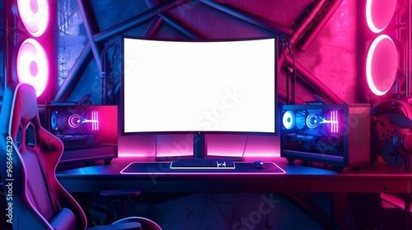 Obraz A blank screen mockup on a dual monitor setup in a gaming room with neon lights and a gaming chair